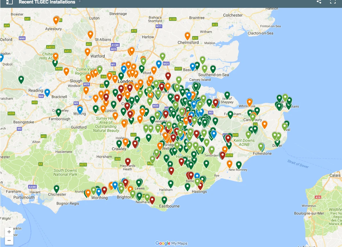 Map of recent TLGEC's recent solar installs in and around Kent