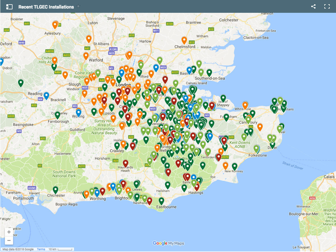 Map of recent TLGEC's recent solar installs in and around Kent