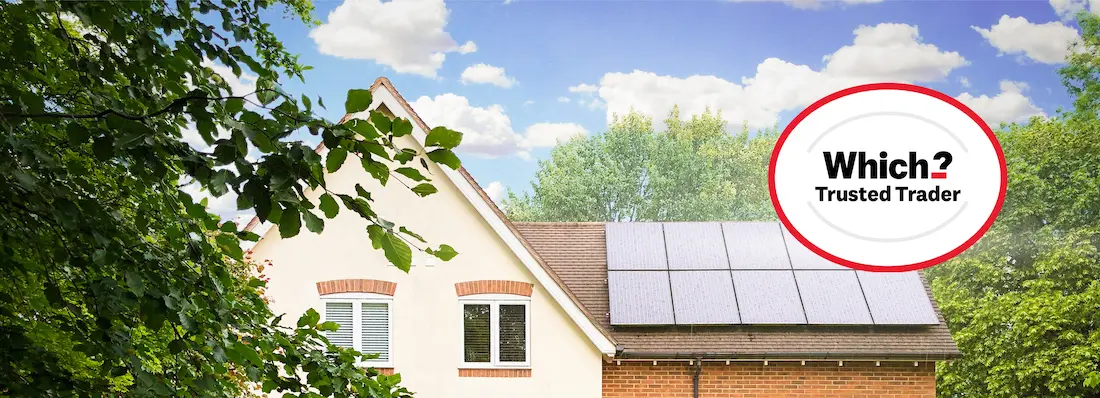 house with solar panels and which trusted solar panel logo