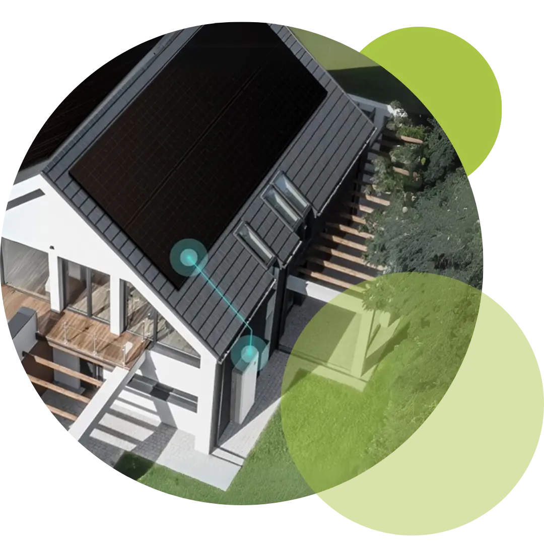 aerial house view with solar panels and the little green energy company branding